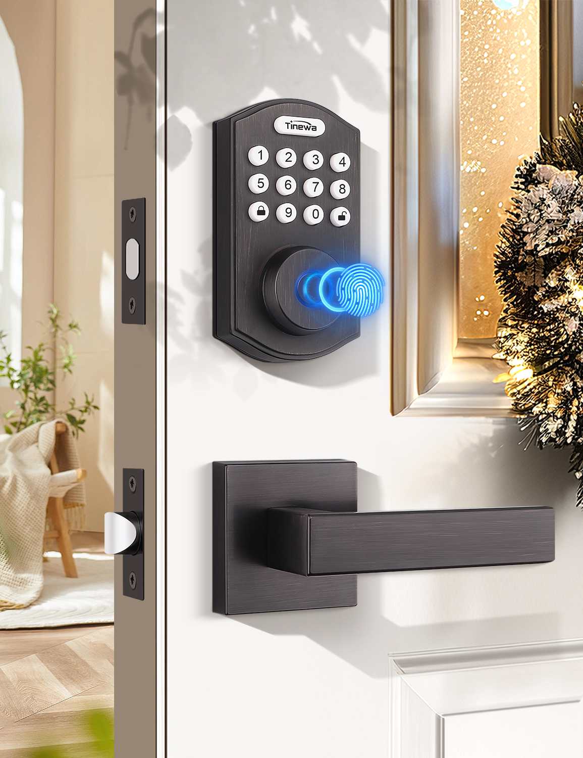 Tinewa oil-rubbed bronze smart lock set with electronic keypad deadbolt and lever handle