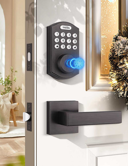 Tinewa oil-rubbed bronze smart lock set with electronic keypad deadbolt and lever handle