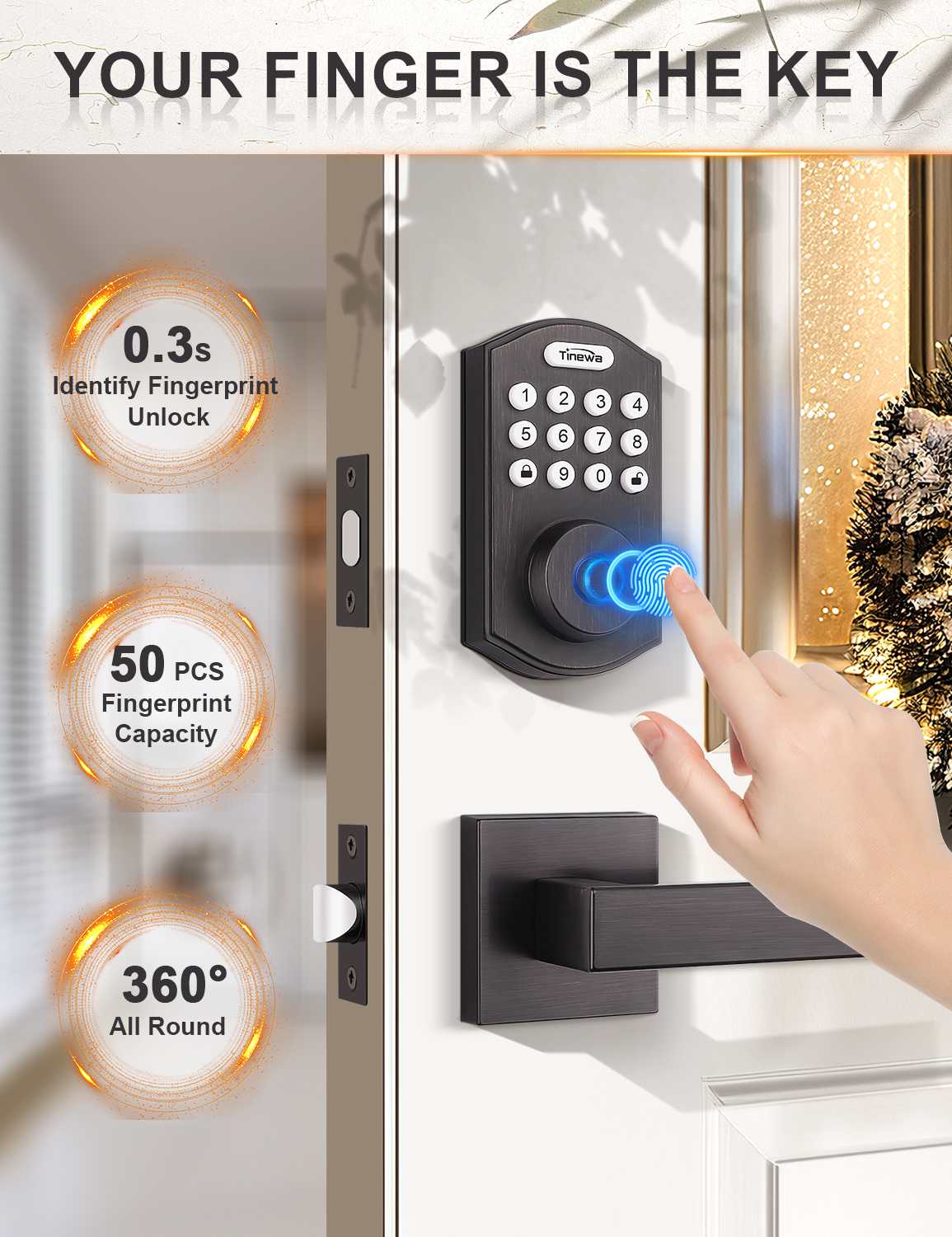 Smart door lock with 0.3s fingerprint recognition for quick and secure unlocking