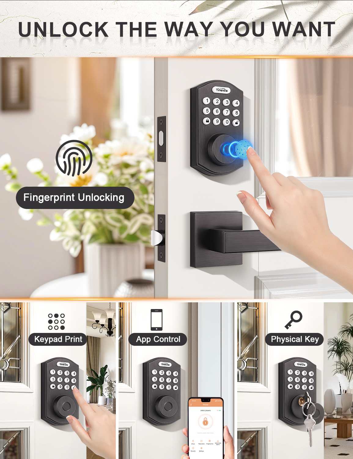 4-in-1 keyless entry door lock with keypad, fingerprint, app, and backup key access