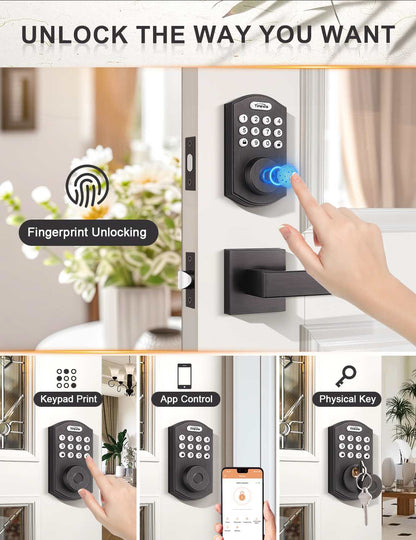 4-in-1 keyless entry door lock with keypad, fingerprint, app, and backup key access