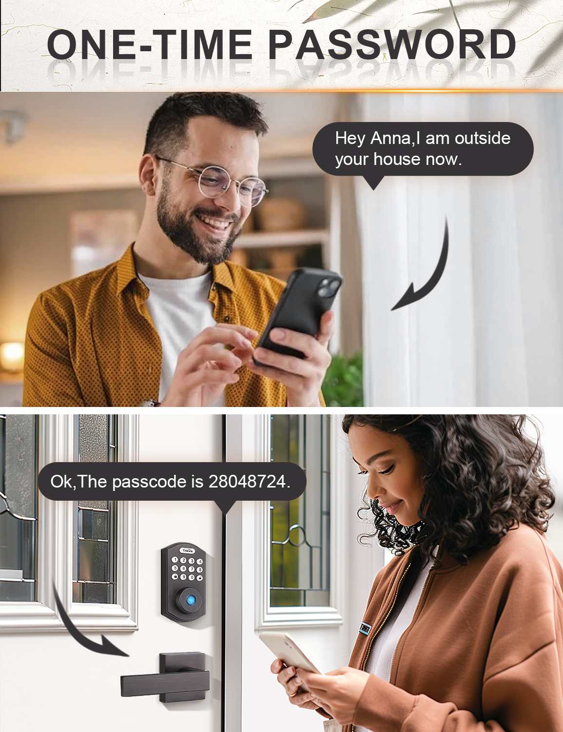 Oil-rubbed bronze smart lock with one-time passcode option for guest or delivery access
