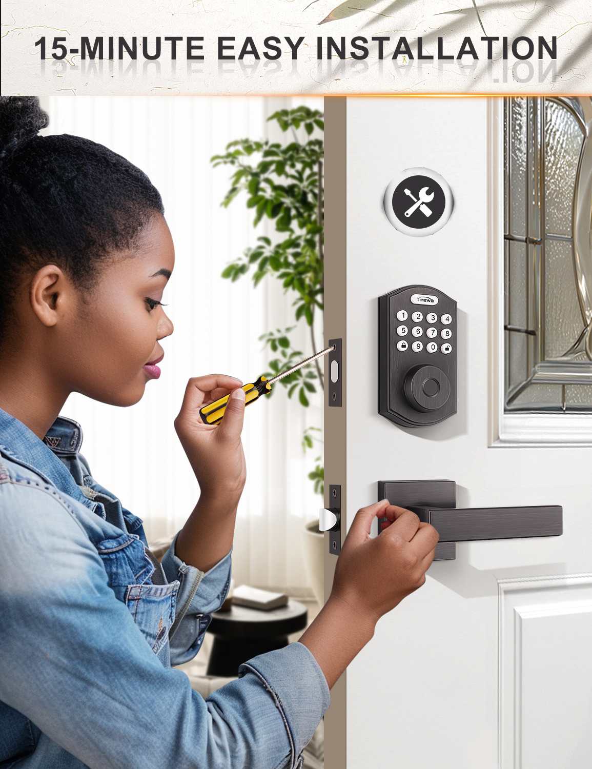 Front door lock set with simple DIY installation and adjustable latch