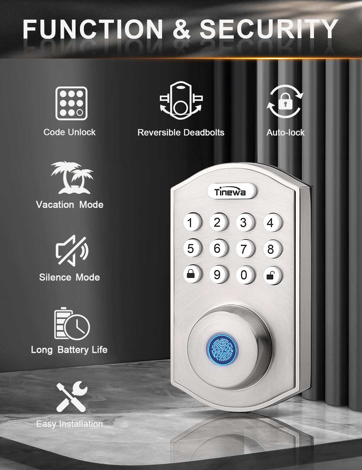 Modern satin nickel finish with smooth round keypad and matching lever handles