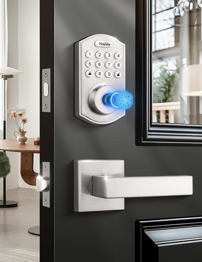 Tinewa satin nickel smart lock set with round keypad deadbolt and dual lever handles