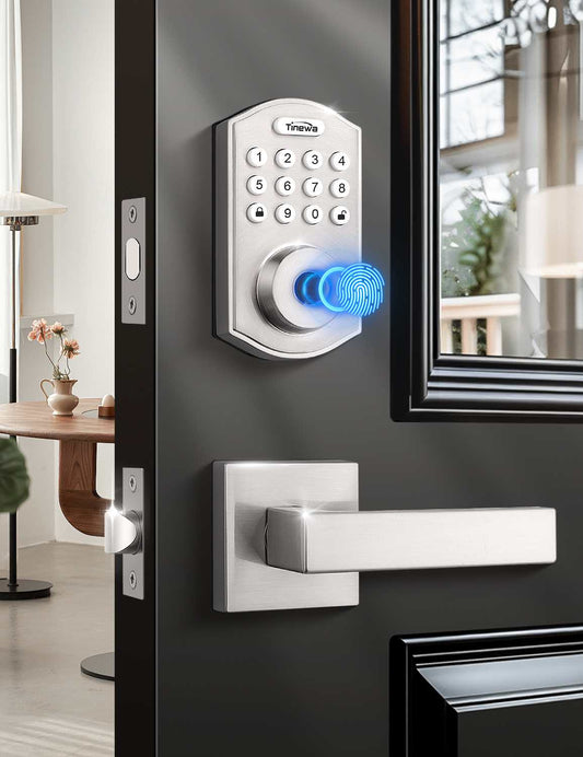 Tinewa satin nickel smart lock set with round keypad deadbolt and dual lever handles