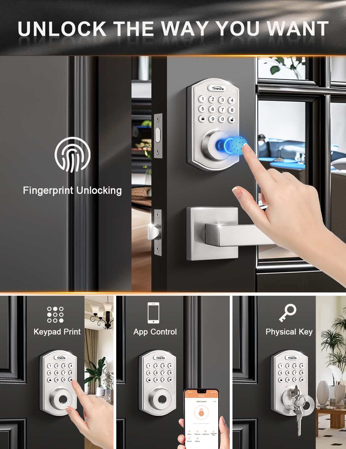 4-way keyless entry door lock with fingerprint, keypad, app, and mechanical key access
