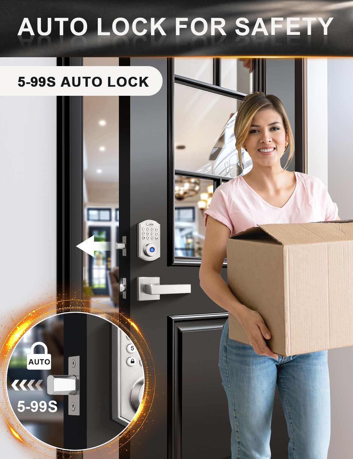 Front door lock with auto-lock feature for added convenience and safety