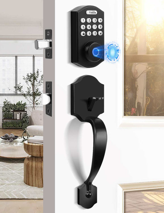 Tinewa Electronic Digital Keypad Deadbolt with Passage Lever, Round Smart Door Lock, Fingerprint Entry Lock, Biometric Front Door Handle Sets for Home & Apartment, Auto Lock, App Control - Tinewa