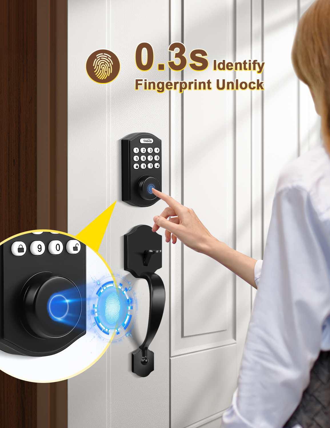 Tinewa Electronic Digital Keypad Deadbolt with Passage Lever, Round Smart Door Lock, Fingerprint Entry Lock, Biometric Front Door Handle Sets for Home & Apartment, Auto Lock, App Control - Tinewa
