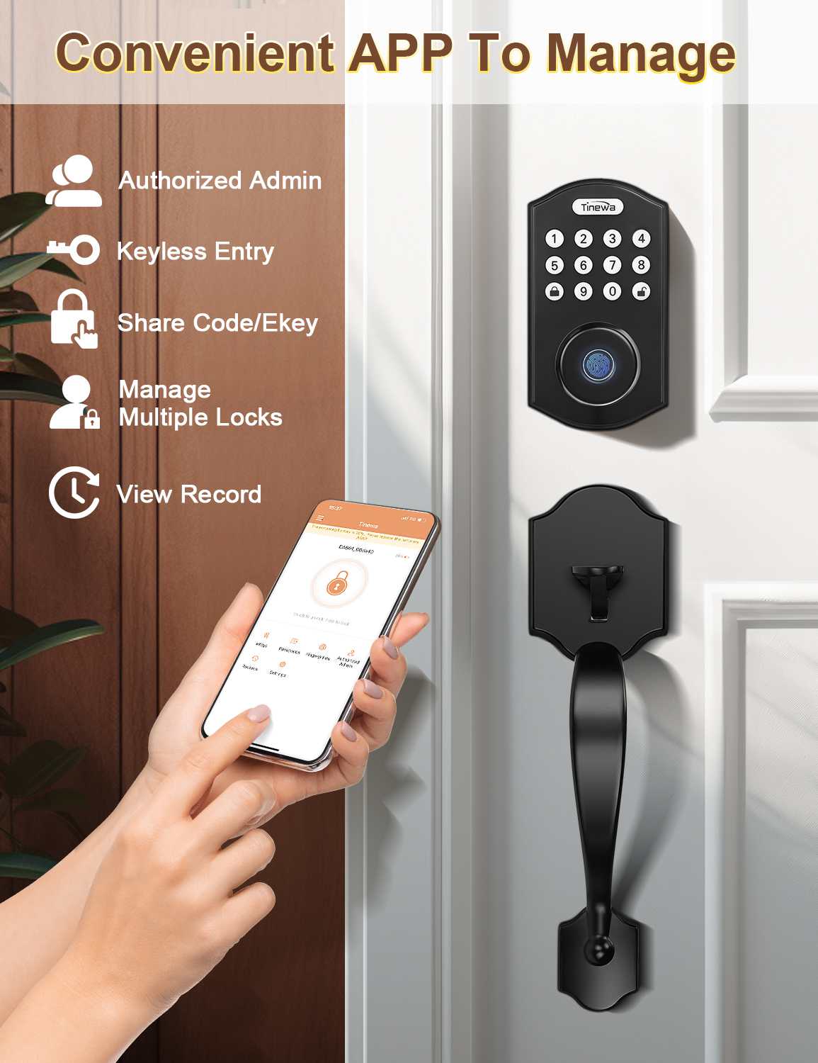 Tinewa Electronic Digital Keypad Deadbolt with Passage Lever, Round Smart Door Lock, Fingerprint Entry Lock, Biometric Front Door Handle Sets for Home & Apartment, Auto Lock, App Control - Tinewa
