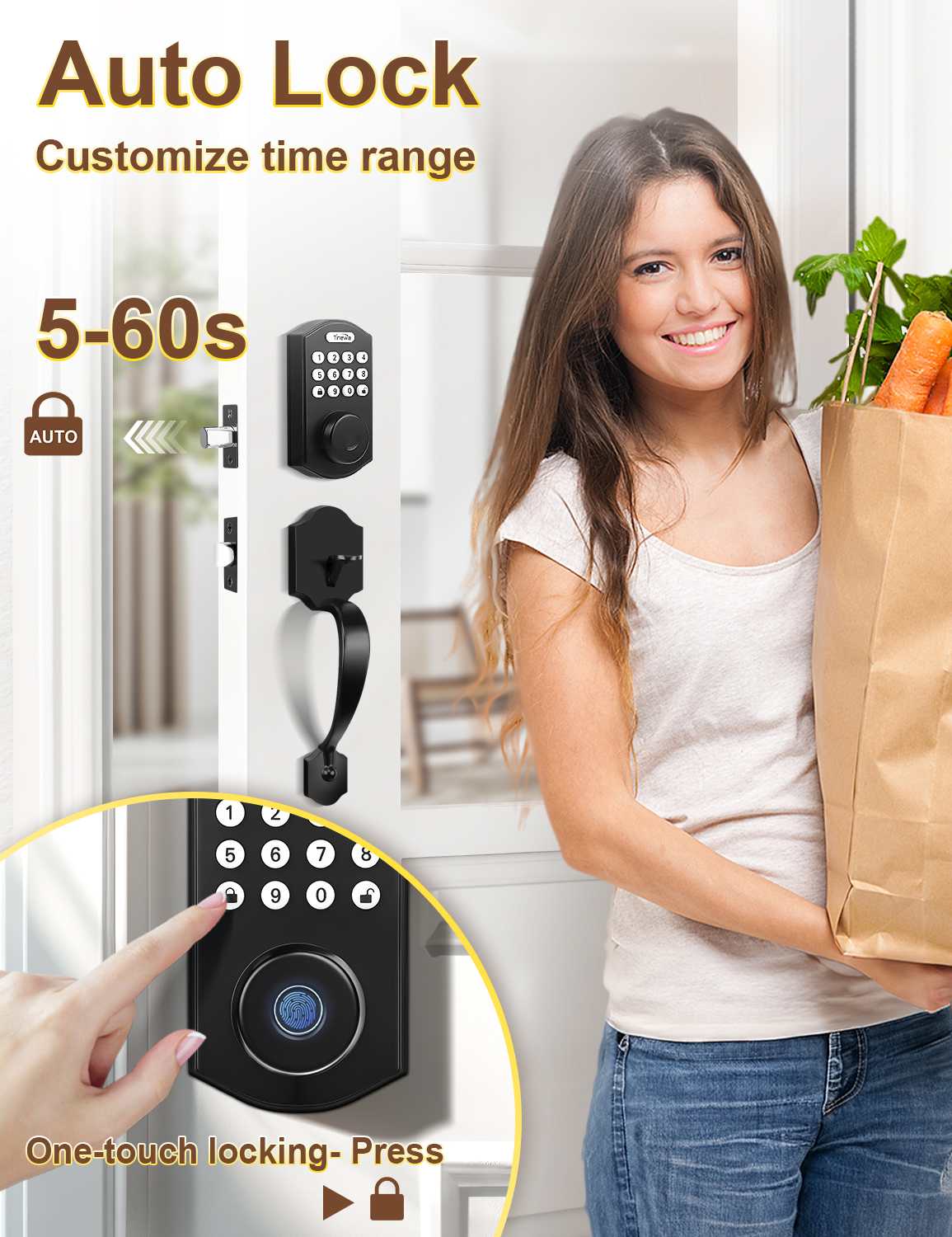 Tinewa Electronic Digital Keypad Deadbolt with Passage Lever, Round Smart Door Lock, Fingerprint Entry Lock, Biometric Front Door Handle Sets for Home & Apartment, Auto Lock, App Control - Tinewa
