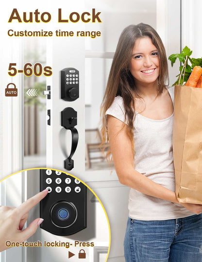 Tinewa Electronic Digital Keypad Deadbolt with Passage Lever, Round Smart Door Lock, Fingerprint Entry Lock, Biometric Front Door Handle Sets for Home & Apartment, Auto Lock, App Control - Tinewa