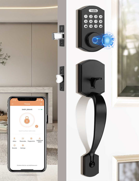 Tinewa fingerprint smart lock with matte black front door handle and keypad deadbolt