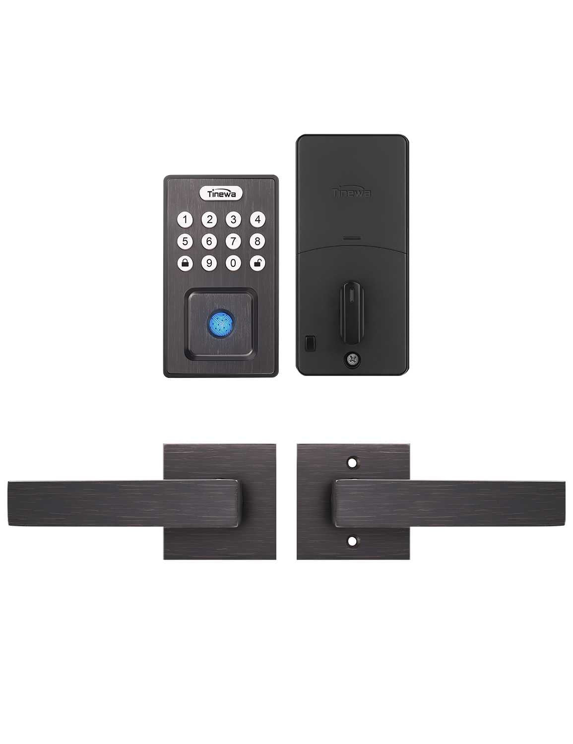 Square Keyless Entry Door Lock with 2 Lever Handles, Fingerprint Entry Door Handleset, Keypad Deadbolt with App, Auto Lock & One Touch Locking, Front Smart Door Handle Sets, Satin Nickel - Tinewa