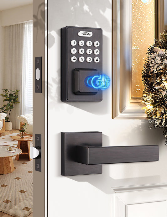 Tinewa oil-rubbed bronze smart door lock set with square digital deadbolt and lever handles