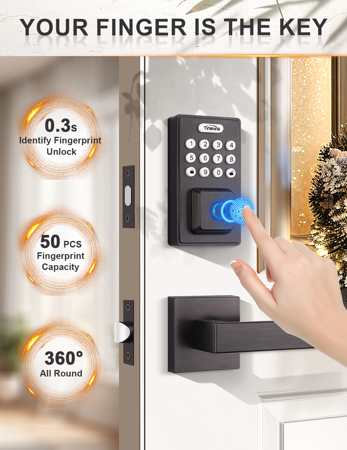 Fast 0.3s fingerprint recognition door lock with one-touch secure access