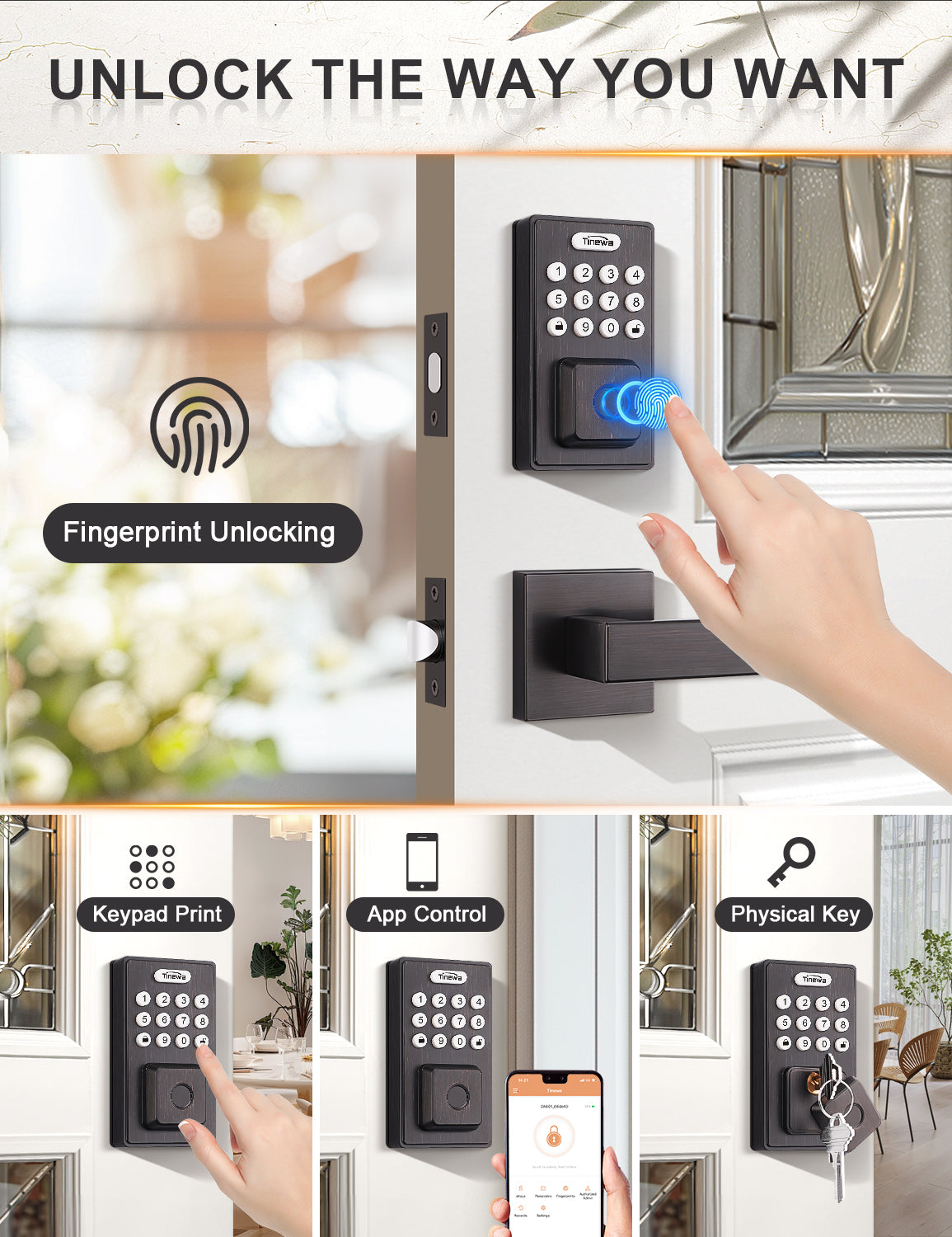 Smart lock with 4 unlocking options: fingerprint, app, keypad, and backup key