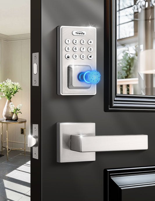 Tinewa satin nickel smart door lock with square keypad deadbolt and dual lever handles
