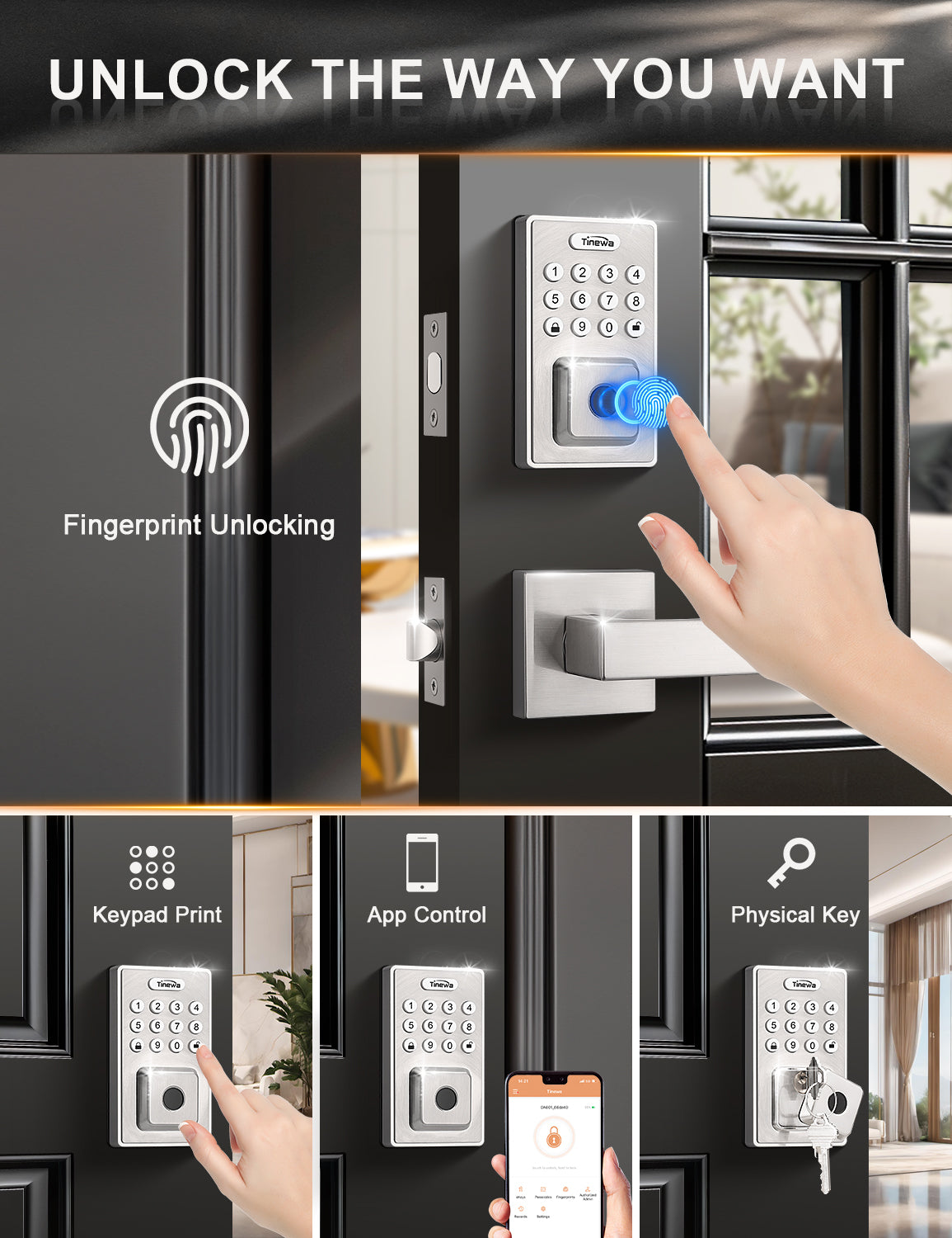 4-in-1 keyless entry door lock with fingerprint, keypad, app, and mechanical key