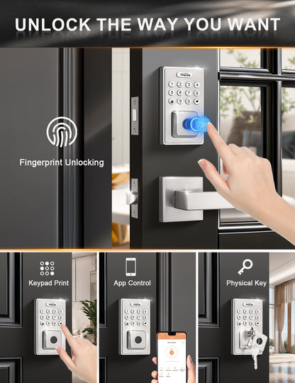 4-in-1 keyless entry door lock with fingerprint, keypad, app, and mechanical key