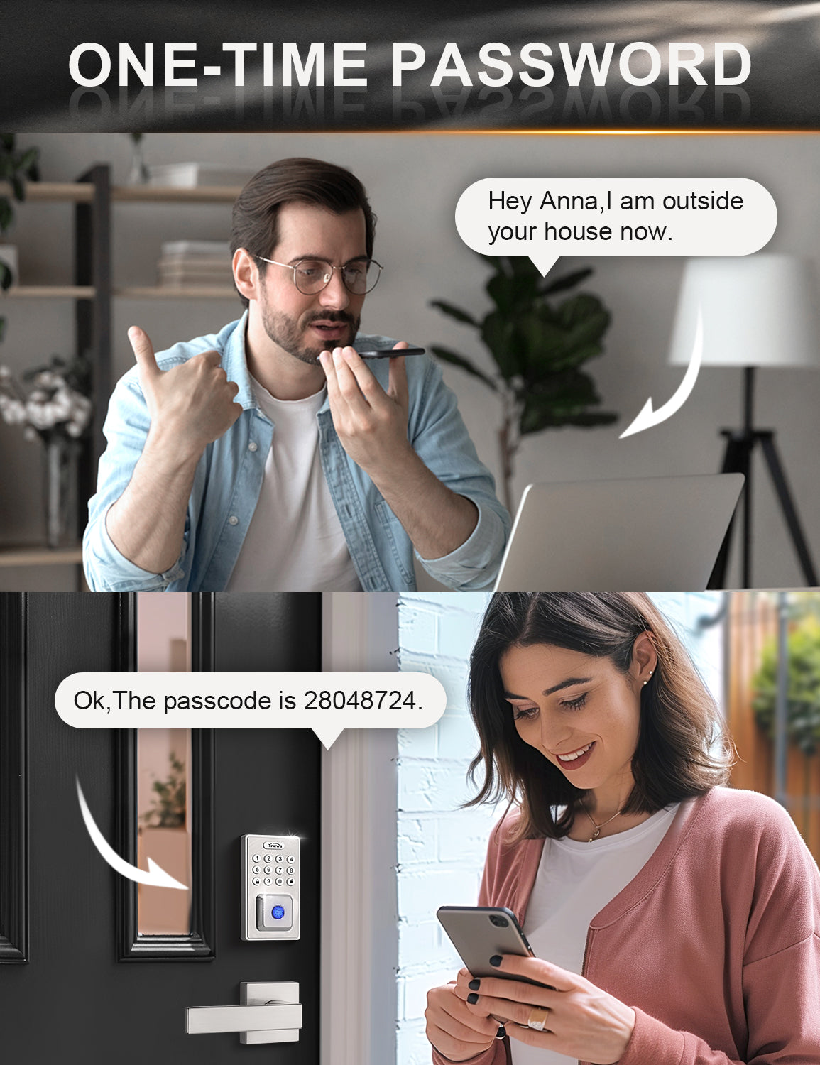 Satin nickel door lock with one-time passcode feature for secure guest entry