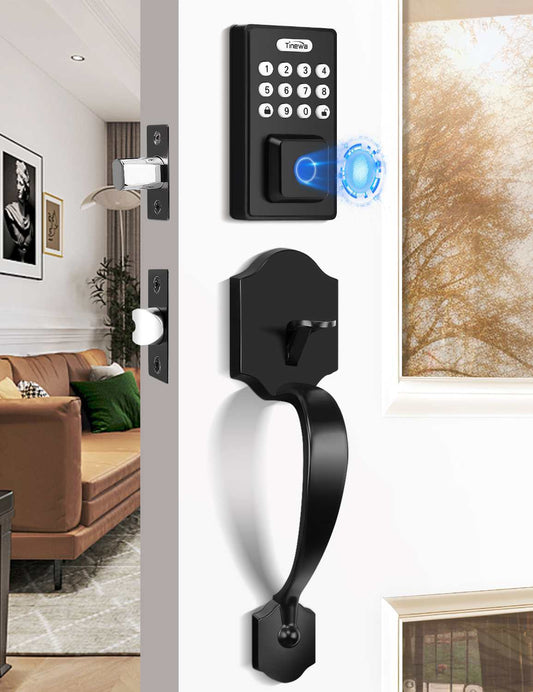 Tinewa Electronic Digital Keypad Deadbolt with Passage Lever, Square Smart Door Lock, Fingerprint Entry Lock, Biometric Front Door Handle Sets for Home & Apartment, Auto Lock, App Control - Tinewa