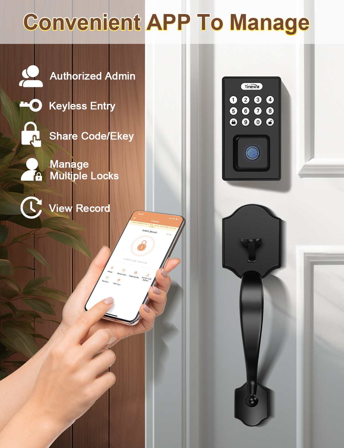 Tinewa Electronic Digital Keypad Deadbolt with Passage Lever, Square Smart Door Lock, Fingerprint Entry Lock, Biometric Front Door Handle Sets for Home & Apartment, Auto Lock, App Control - Tinewa