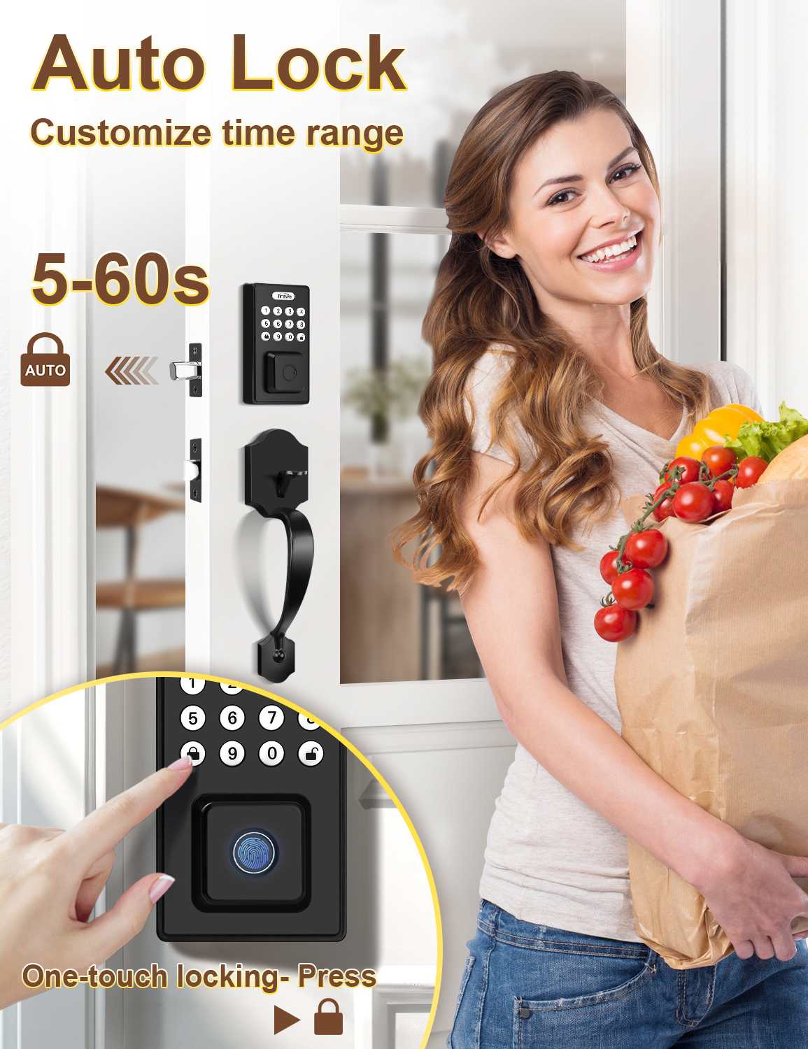 Tinewa Electronic Digital Keypad Deadbolt with Passage Lever, Square Smart Door Lock, Fingerprint Entry Lock, Biometric Front Door Handle Sets for Home & Apartment, Auto Lock, App Control - Tinewa