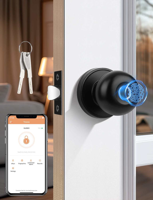 Tinewa Smart Door knob, Fingerprint Smart Lock Biometric Door knob with App Control, Great for Bedrooms,Cloakroom,Apartments Offices,Hotels Matte Black - Tinewa