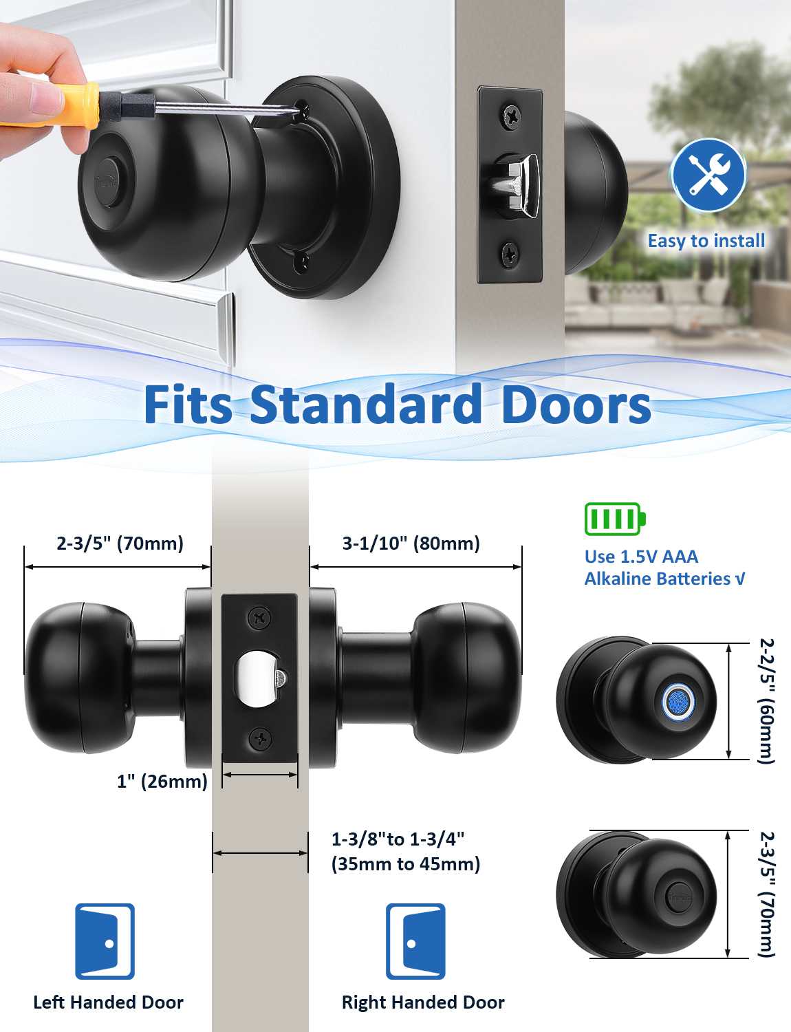 Tinewa Smart Door knob, Fingerprint Smart Lock Biometric Door knob with App Control, Great for Bedrooms,Cloakroom,Apartments Offices,Hotels Matte Black - Tinewa
