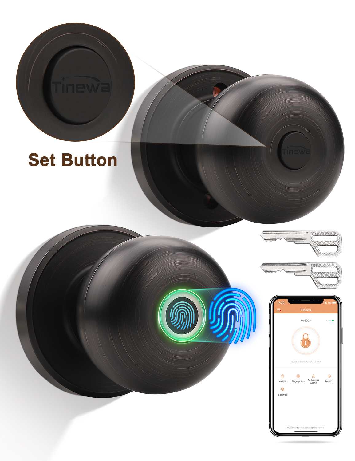 Tinewa Smart Door knob, Fingerprint Smart Lock Biometric Door knob with App Control, Great for Bedrooms,Cloakroom,Apartments Offices, Hotels, Oil Rubbed Bronze - Tinewa
