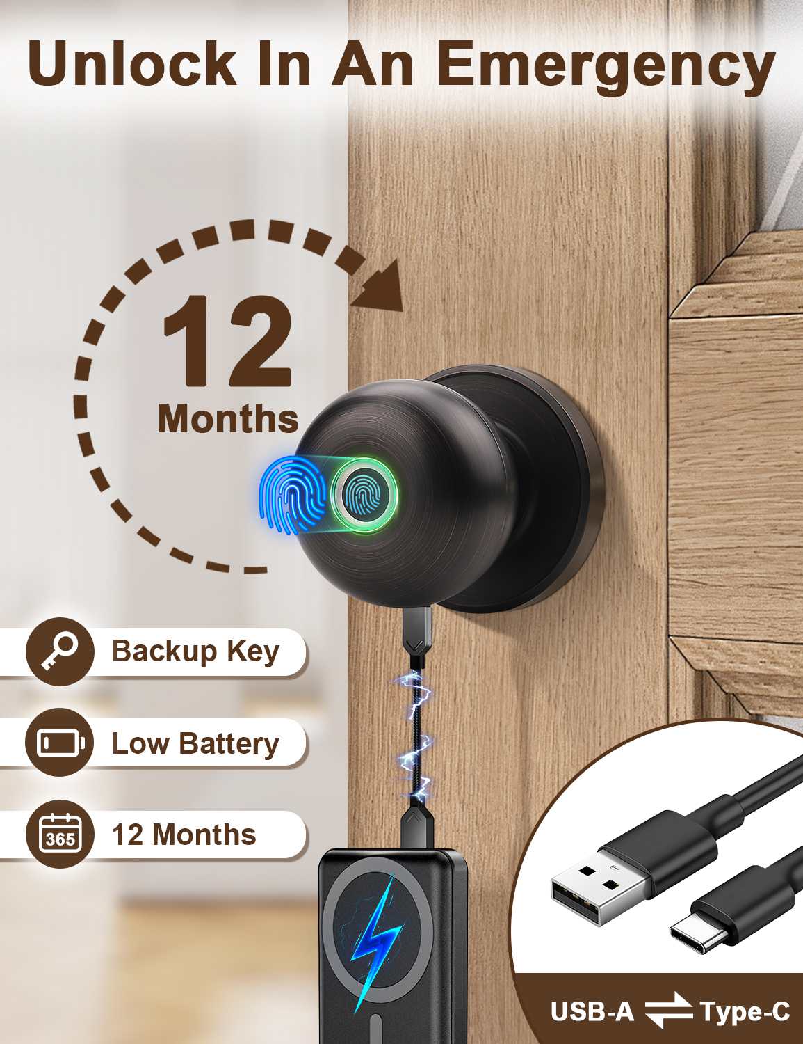 Tinewa Smart Door knob, Fingerprint Smart Lock Biometric Door knob with App Control, Great for Bedrooms,Cloakroom,Apartments Offices, Hotels, Oil Rubbed Bronze - Tinewa