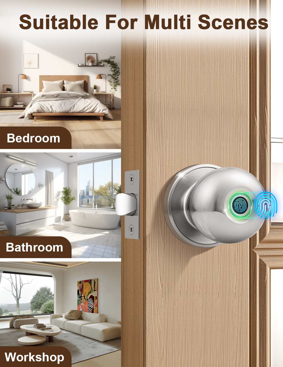 Tinewa Smart Door knob, Fingerprint Smart Lock Biometric Door knob with App Control, Great for Bedrooms,Cloakroom,Apartments Offices, Hotels, Satin Nickel - Tinewa