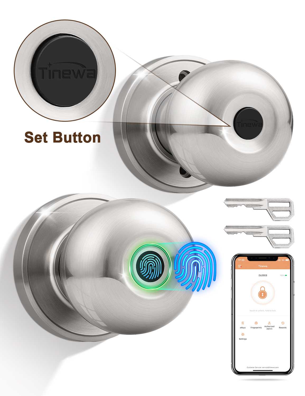 Tinewa Smart Door knob, Fingerprint Smart Lock Biometric Door knob with App Control, Great for Bedrooms,Cloakroom,Apartments Offices, Hotels, Satin Nickel - Tinewa