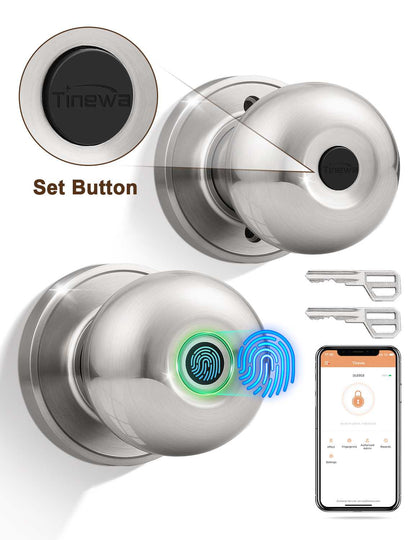 Tinewa Smart Door knob, Fingerprint Smart Lock Biometric Door knob with App Control, Great for Bedrooms,Cloakroom,Apartments Offices, Hotels, Satin Nickel - Tinewa