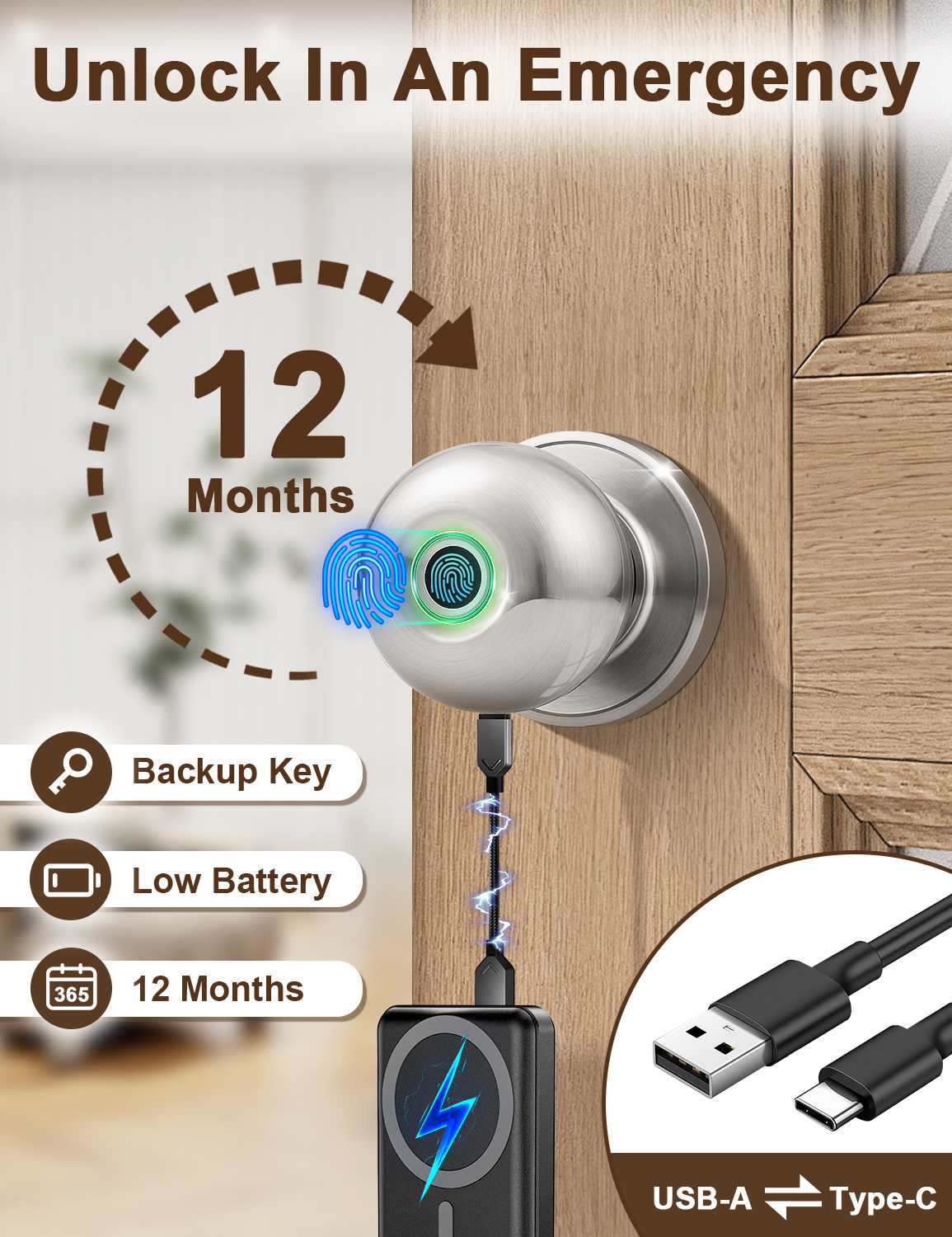 Tinewa Smart Door knob, Fingerprint Smart Lock Biometric Door knob with App Control, Great for Bedrooms,Cloakroom,Apartments Offices, Hotels, Satin Nickel - Tinewa