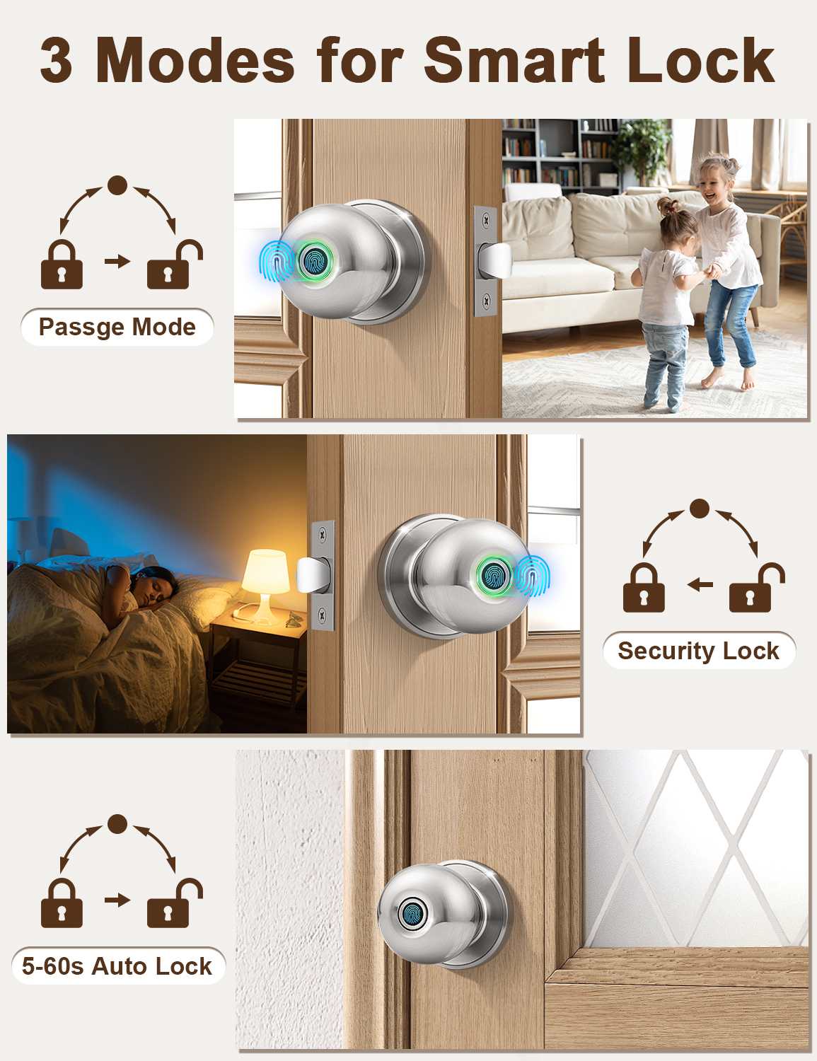 Tinewa Smart Door knob, Fingerprint Smart Lock Biometric Door knob with App Control, Great for Bedrooms,Cloakroom,Apartments Offices, Hotels, Satin Nickel - Tinewa