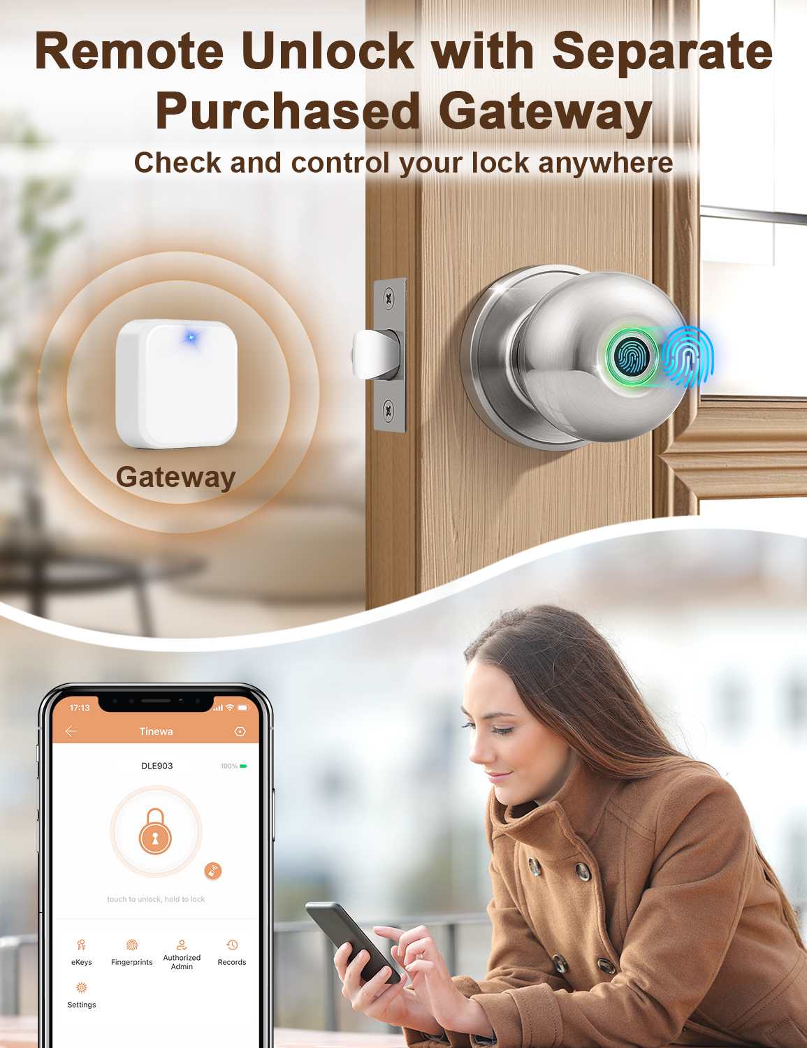Tinewa Smart Door knob, Fingerprint Smart Lock Biometric Door knob with App Control, Great for Bedrooms,Cloakroom,Apartments Offices, Hotels, Satin Nickel - Tinewa