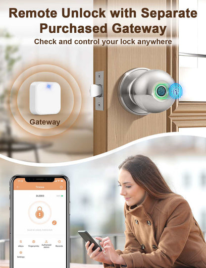 Tinewa Smart Door knob, Fingerprint Smart Lock Biometric Door knob with App Control, Great for Bedrooms,Cloakroom,Apartments Offices, Hotels, Satin Nickel - Tinewa