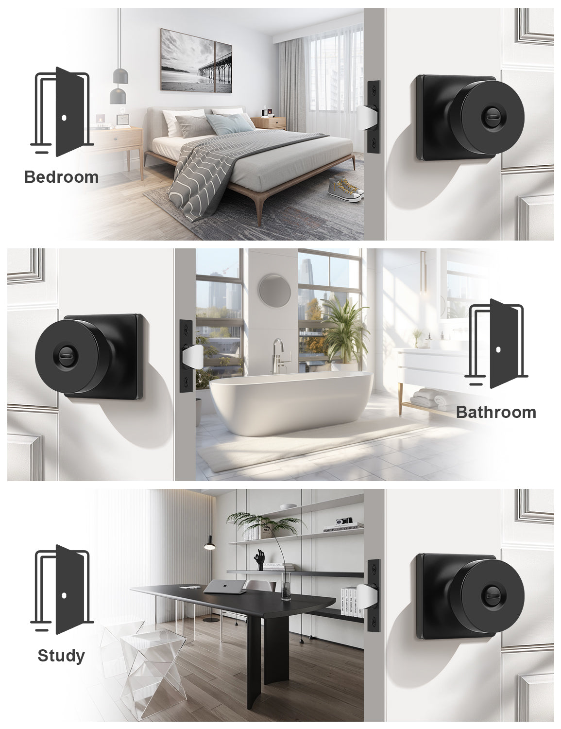 Tinewa Interior Privacy Door Knob with Lock, Keyless Door Handle for Bathroom and Bedroom, Zinc Alloy Heavy Duty Door Knobs on Square Rose (1-10 pack)