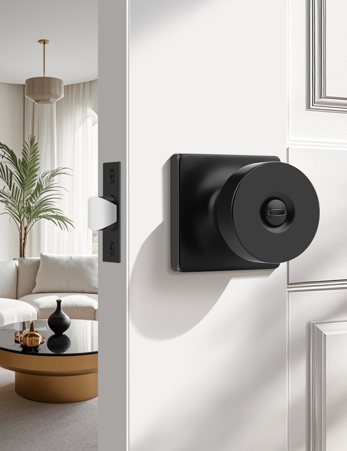 Tinewa interior privacy door knob with square rose, modern design for bedroom and bathroom doors, matte black