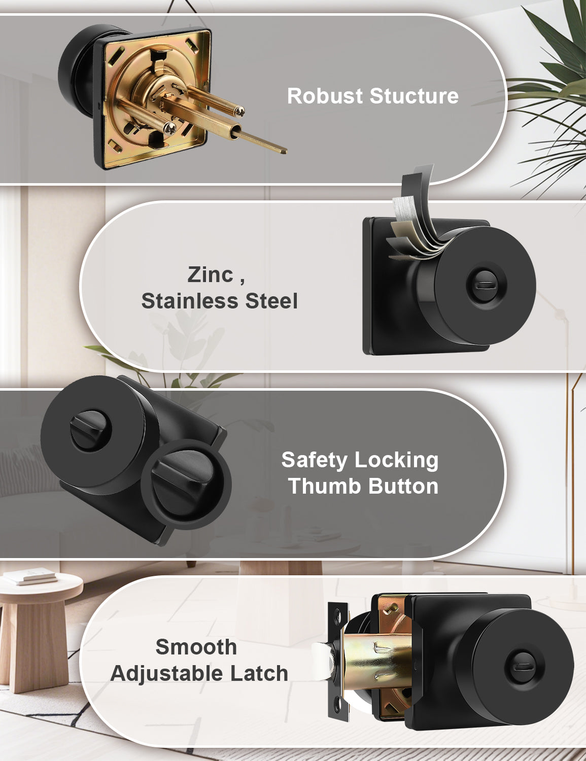 Tinewa Interior Privacy Door Knob with Lock, Keyless Door Handle for Bathroom and Bedroom, Zinc Alloy Heavy Duty Door Knobs on Square Rose (1-10 pack)
