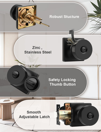 Tinewa Interior Privacy Door Knob with Lock, Keyless Door Handle for Bathroom and Bedroom, Zinc Alloy Heavy Duty Door Knobs on Square Rose (1-10 pack)