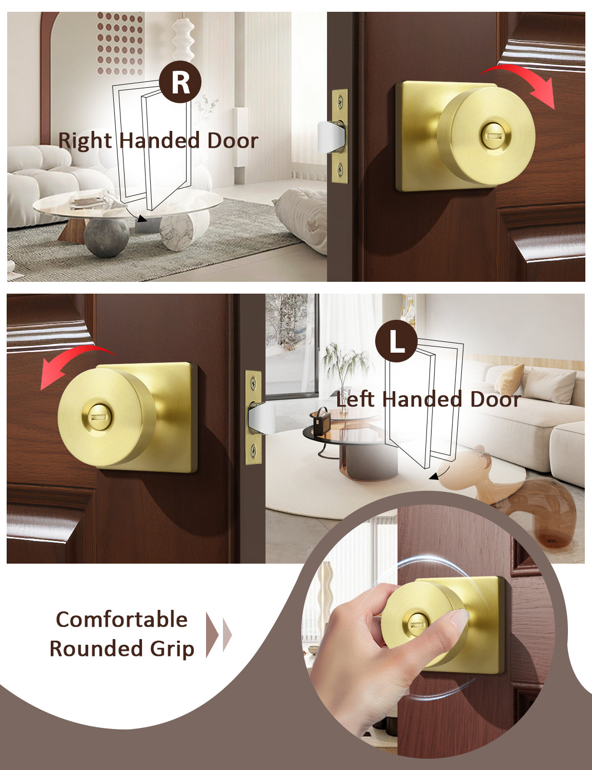 Tinewa Interior Privacy Door Knob with Lock, Keyless Door Handle for Bathroom and Bedroom, Zinc Alloy Heavy Duty Door Knobs on Square Rose (1-10 pack)
