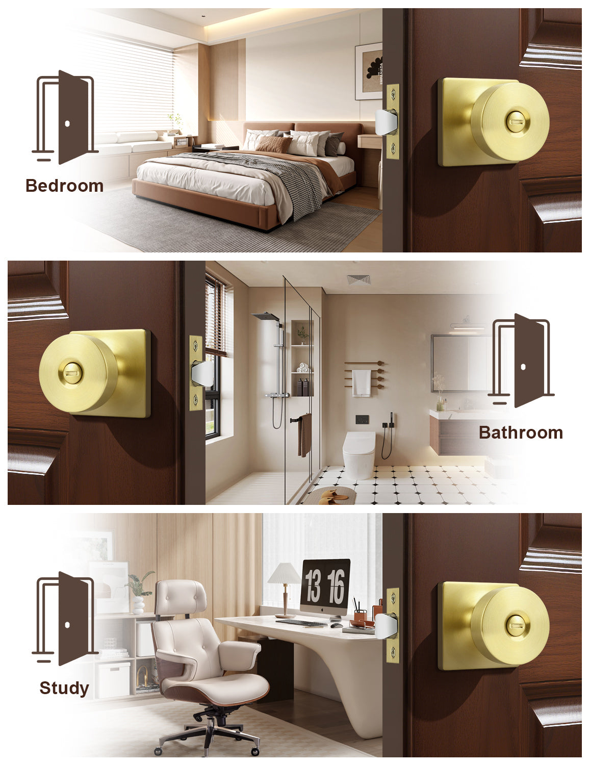 Tinewa Interior Privacy Door Knob with Lock, Keyless Door Handle for Bathroom and Bedroom, Zinc Alloy Heavy Duty Door Knobs on Square Rose (1-10 pack)