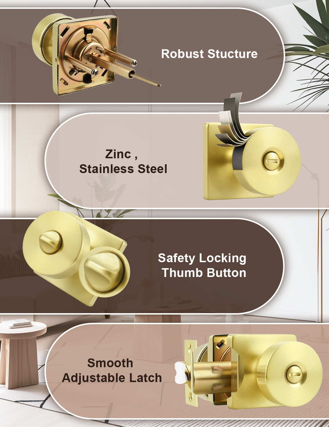 Tinewa Interior Privacy Door Knob with Lock, Keyless Door Handle for Bathroom and Bedroom, Zinc Alloy Heavy Duty Door Knobs on Square Rose (1-10 pack)