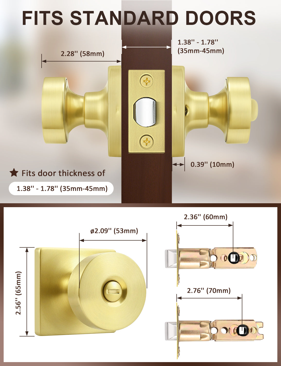 Tinewa Interior Privacy Door Knob with Lock, Keyless Door Handle for Bathroom and Bedroom, Zinc Alloy Heavy Duty Door Knobs on Square Rose (1-10 pack)