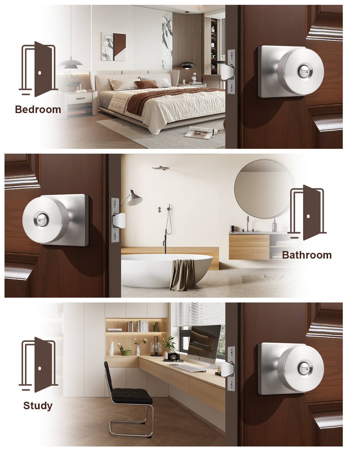 Tinewa Interior Privacy Door Knob with Lock, Keyless Door Handle for Bathroom and Bedroom, Zinc Alloy Heavy Duty Door Knobs on Square Rose (1-10 pack)