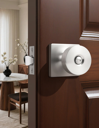 Tinewa Interior Privacy Door Knob with Lock, Keyless Door Handle for Bathroom and Bedroom, Zinc Alloy Heavy Duty Door Knobs on Square Rose (1-10 pack)